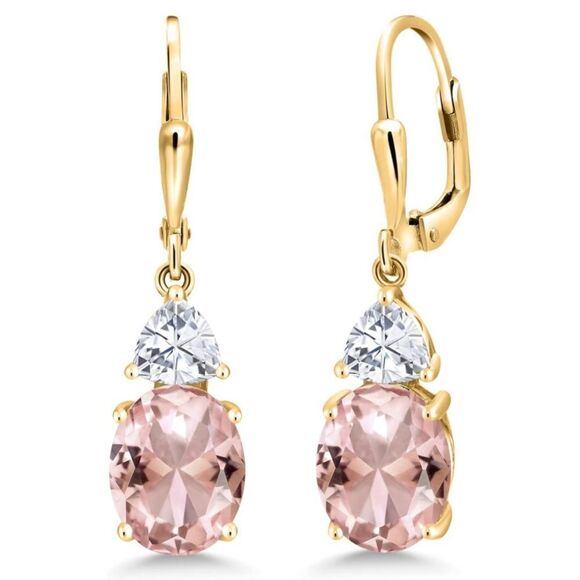 18K Yellow Gold with 5.58Cttw Peach Morganite and White Moissanite Drop Earrings - Picture 1 of 4